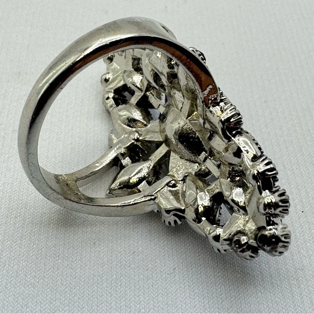 Silver Tone Blue Crystal Statement Ring Gothic Vintage Glam Cocktail Sz 7